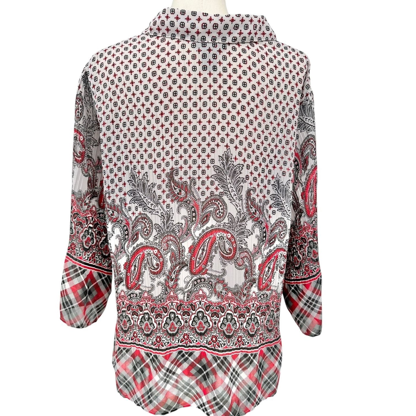 Lane Bryant Womens 22/24W Blouse Black Red White Sheer Button-Down 3/4 Sleeves