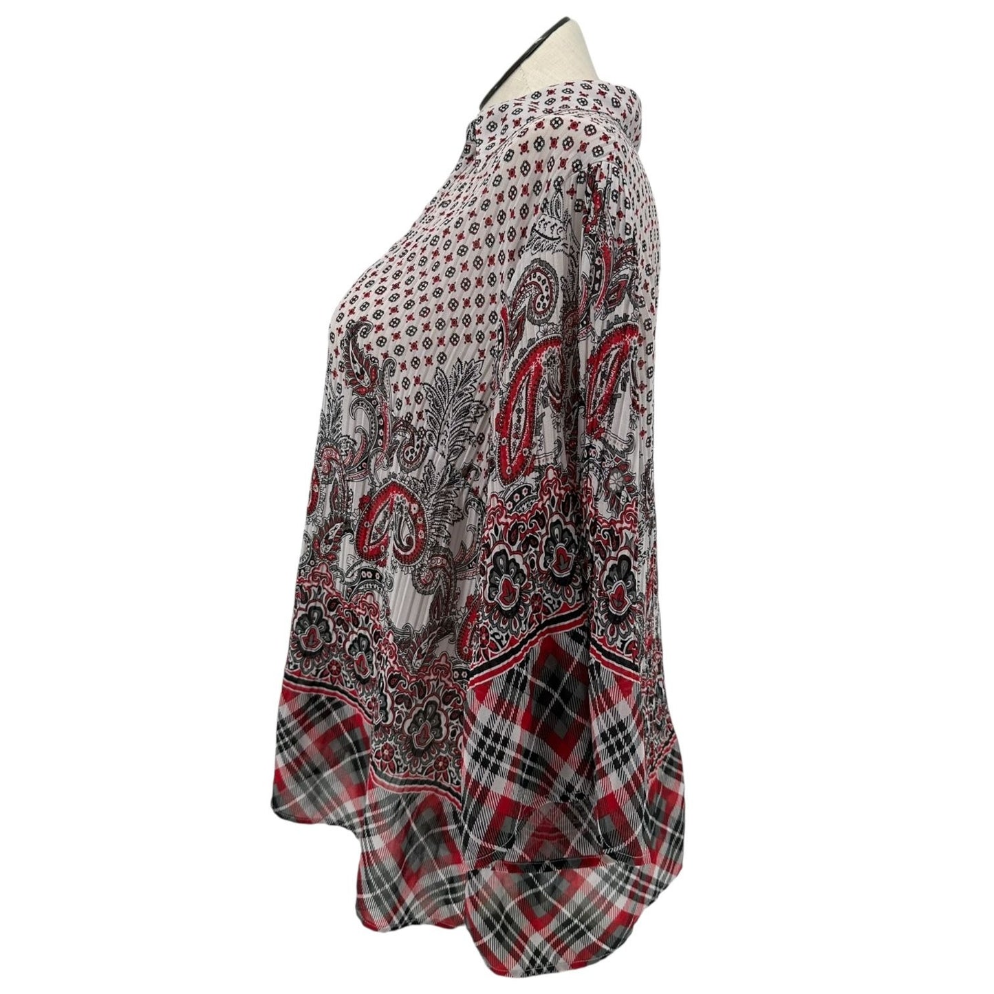 Lane Bryant Womens 22/24W Blouse Black Red White Sheer Button-Down 3/4 Sleeves