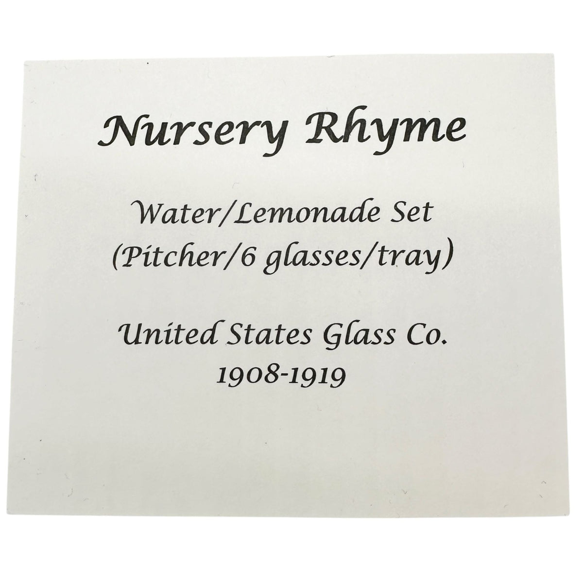Nursery Rhyme 7pc Set Childrens Tableware Pitcher 6 Glasses US Glass Co 1908-19