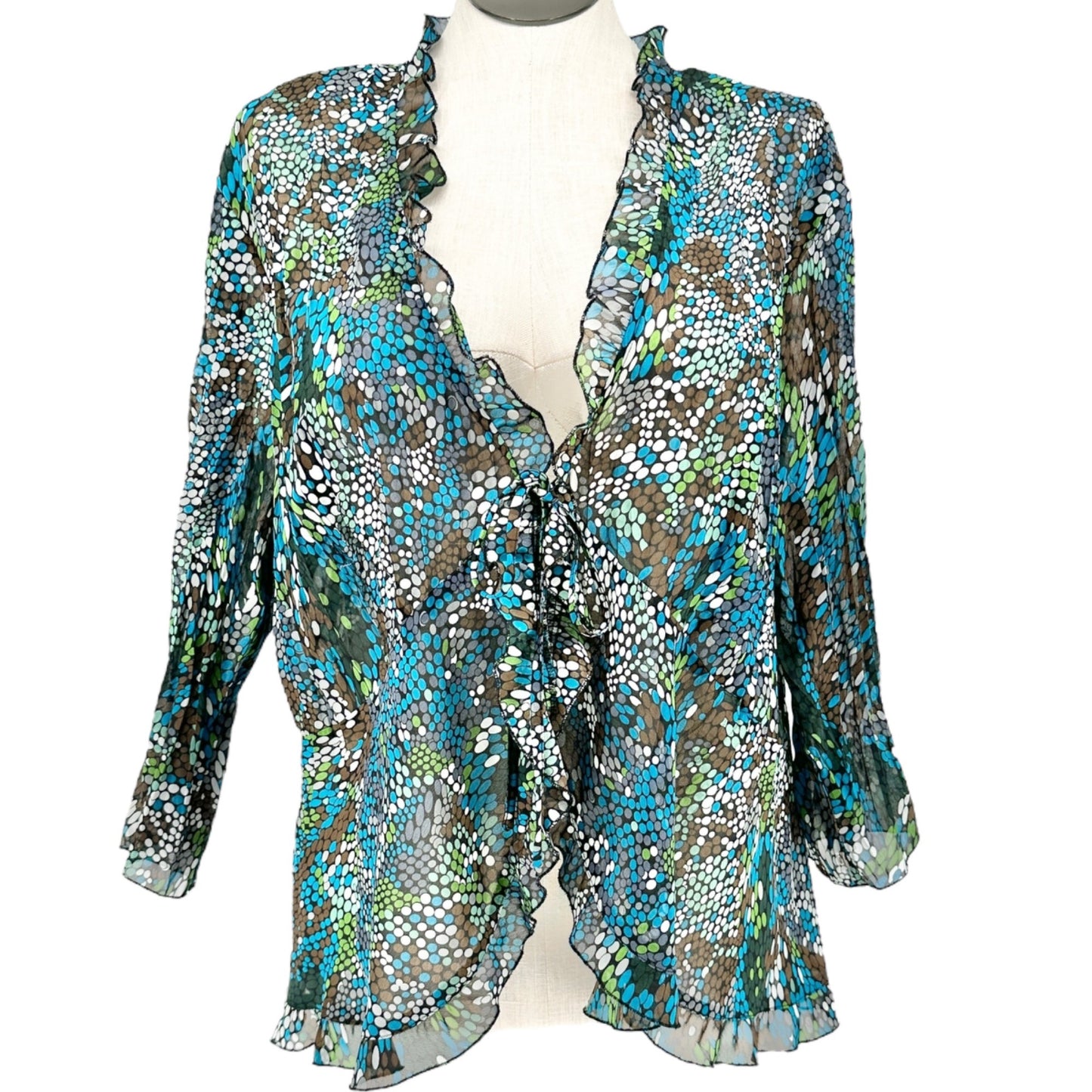 Notations Woman Tie Front Top Womens 2X Sheer Ruffled Black Brown Blue Green