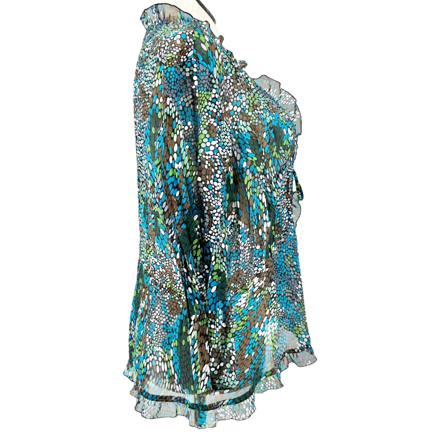 Notations Woman Tie Front Top Womens 2X Sheer Ruffled Black Brown Blue Green