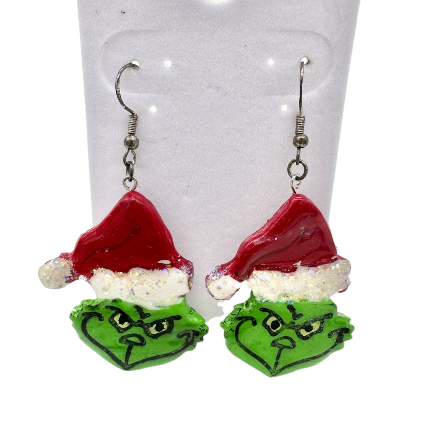 Grinch Christmas Glitter Dangle Earrings Handcrafted Silvertone Hooks Red Green