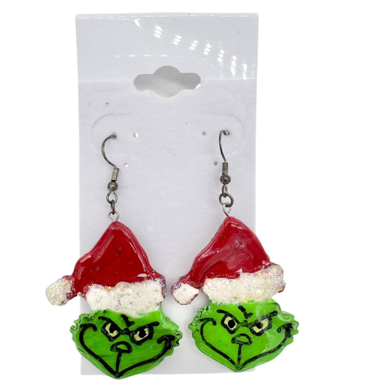 Grinch Christmas Glitter Dangle Earrings Handcrafted Silvertone Hooks Red Green