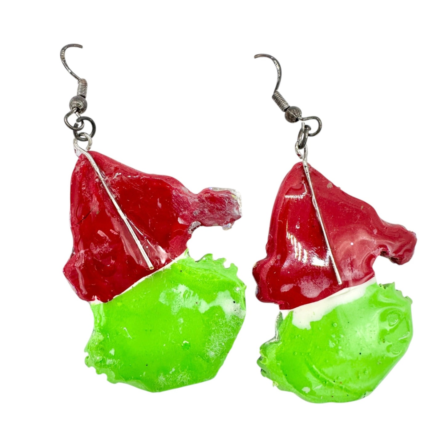 Grinch Christmas Glitter Dangle Earrings Handcrafted Silvertone Hooks Red Green