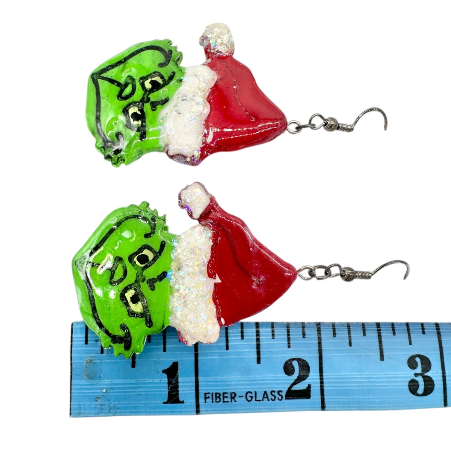 Grinch Christmas Glitter Dangle Earrings Handcrafted Silvertone Hooks Red Green