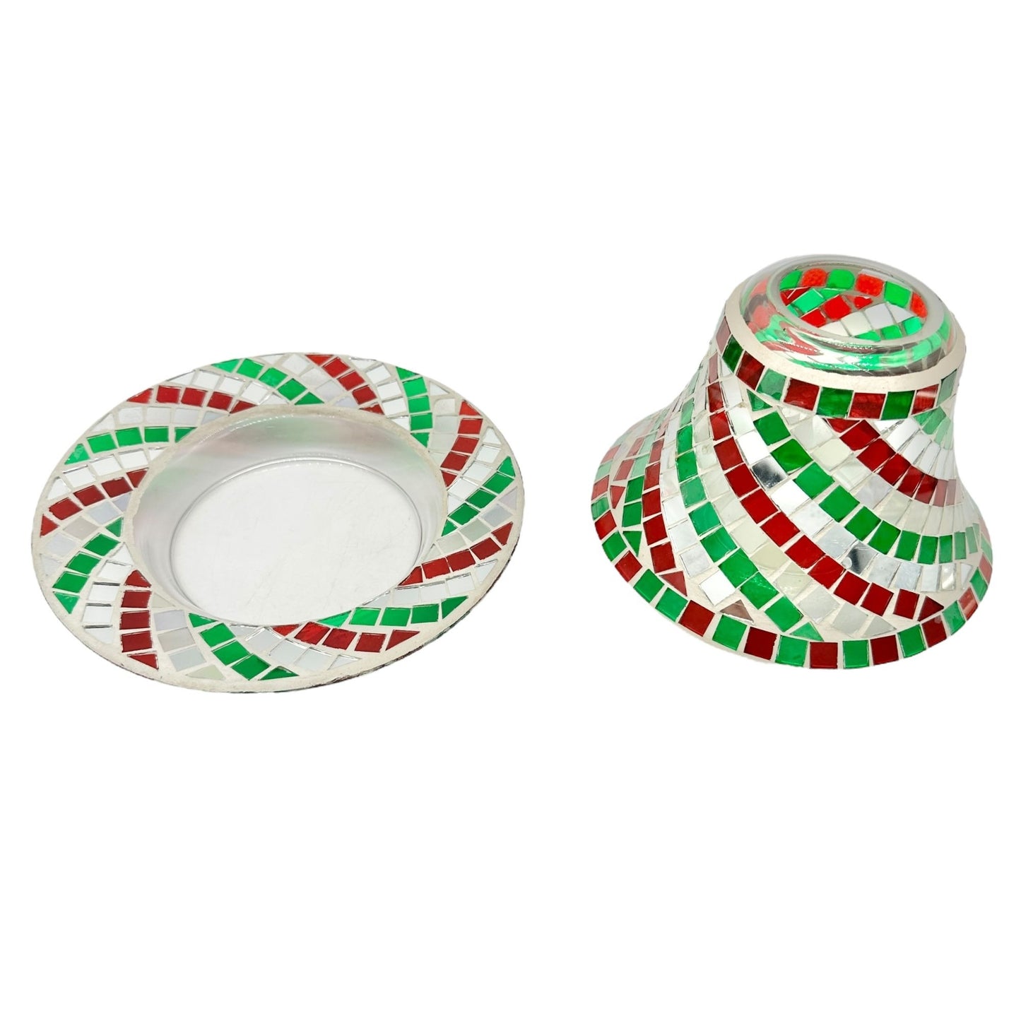 Yankee Candle Christmas Red Green Mosaic Mirror Tile Candle Plate Shade Set
