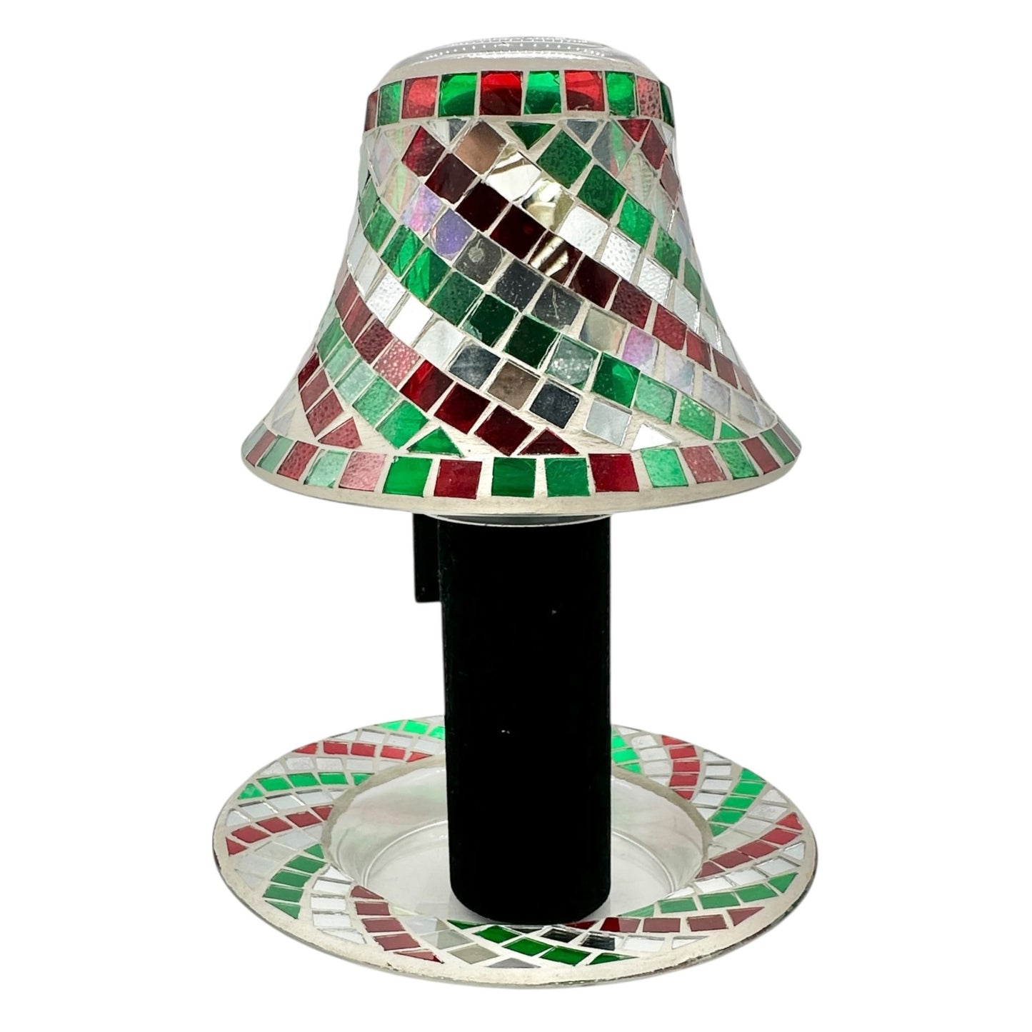 Yankee Candle Christmas Red Green Mosaic Mirror Tile Candle Plate Shade Set
