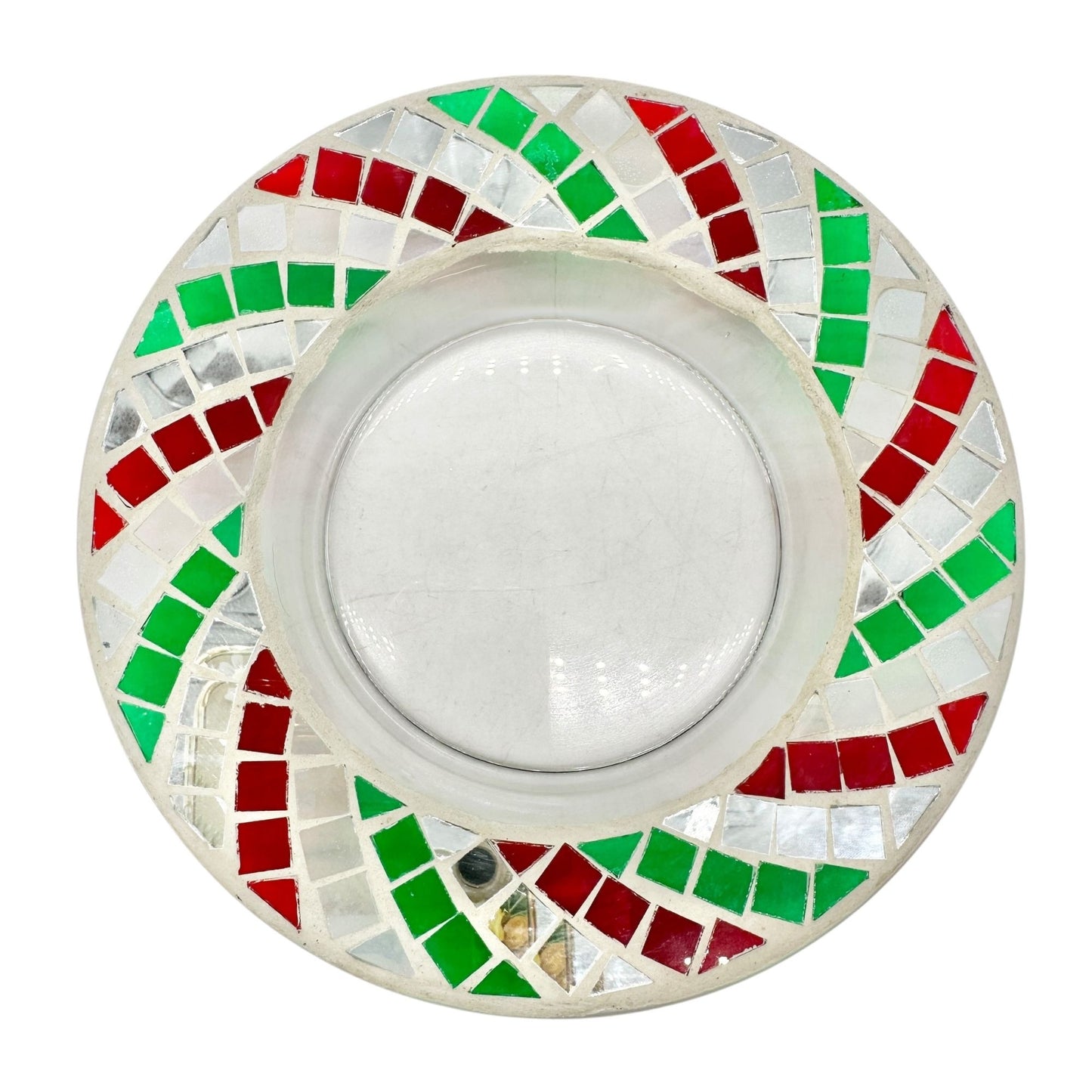 Yankee Candle Christmas Red Green Mosaic Mirror Tile Candle Plate Shade Set