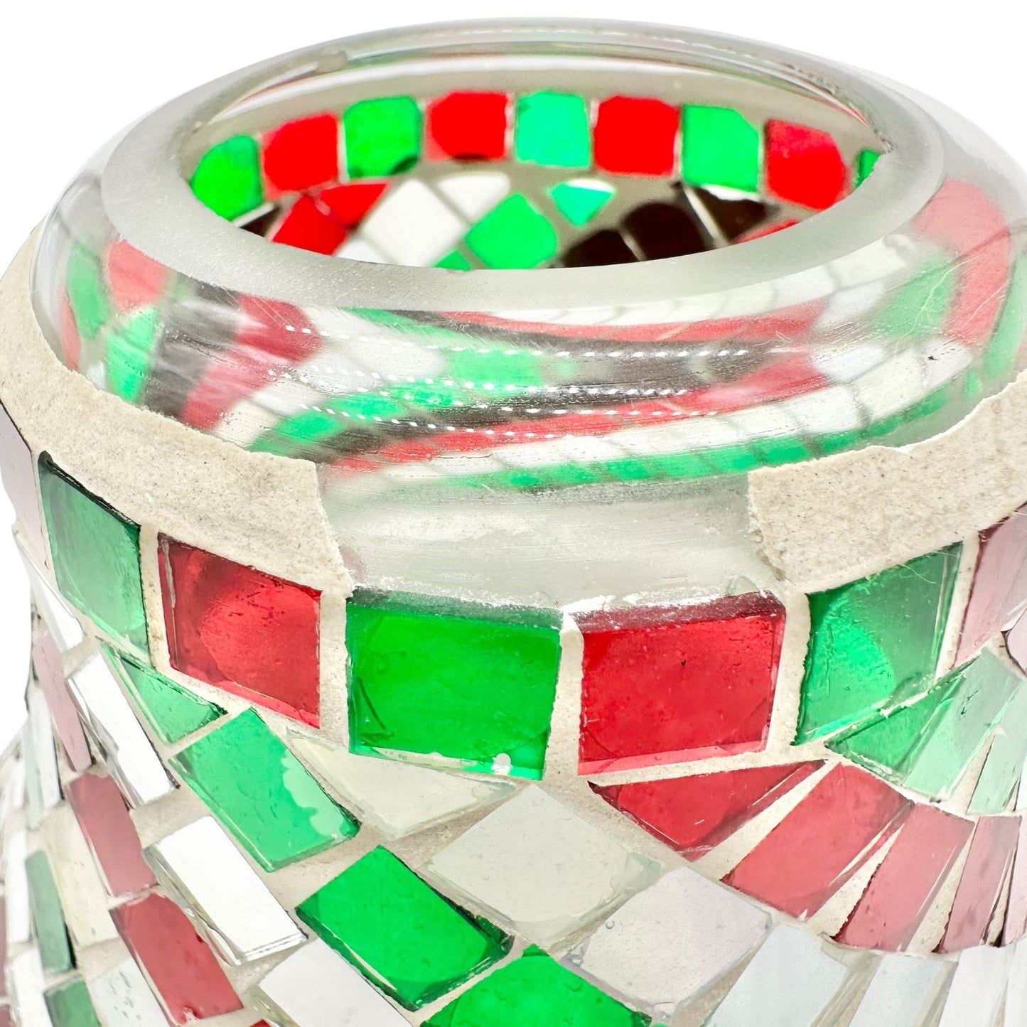 Yankee Candle Christmas Red Green Mosaic Mirror Tile Candle Plate Shade Set