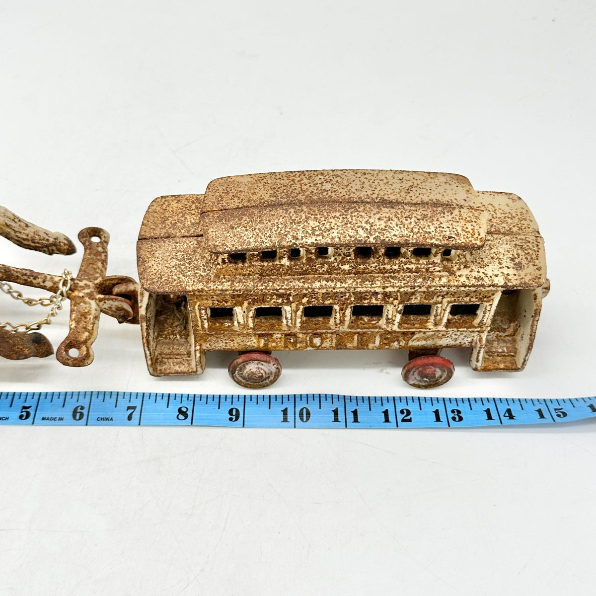 Vintage Cast Iron Horse Drawn Trolley Model 15in Long Rustic Antique Collectible