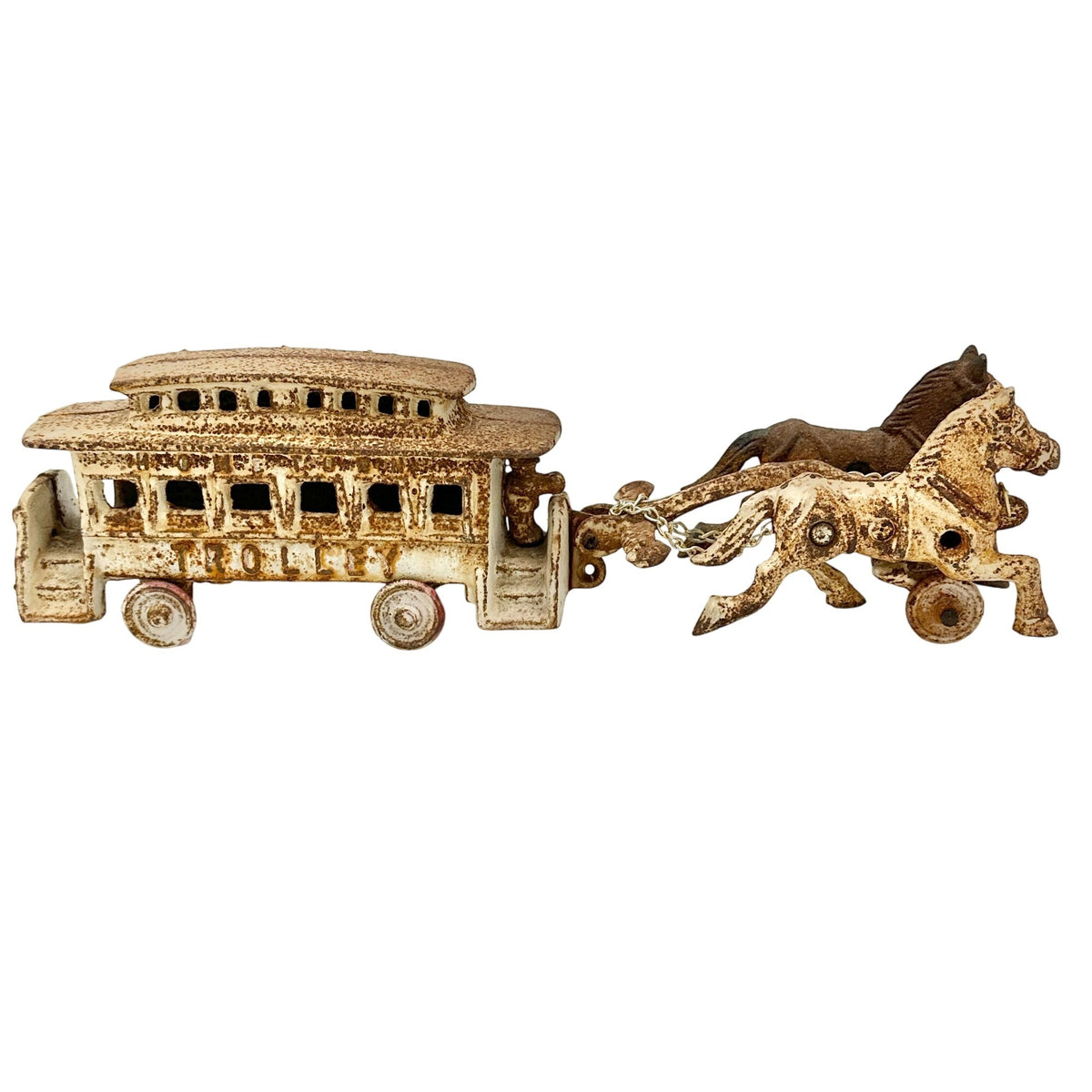 Vintage Cast Iron Horse Drawn Trolley Model 15in Long Rustic Antique Collectible