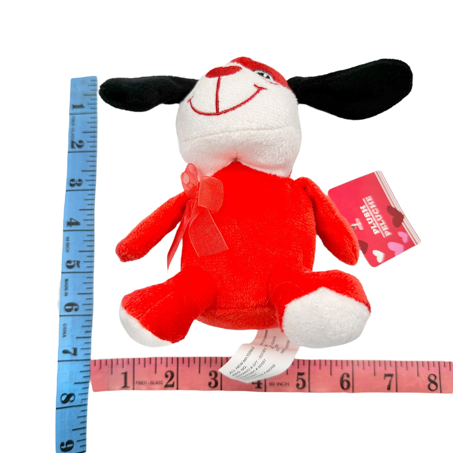 Adorable Small Stuffed Dog Red White Black Ears 7 x 6 inches Soft Cuddly Valentines