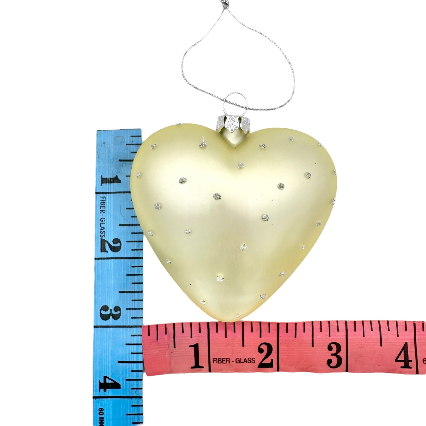 Heart Shaped Ornament Blown Glass Light Yellow with Rhinestone Bling
