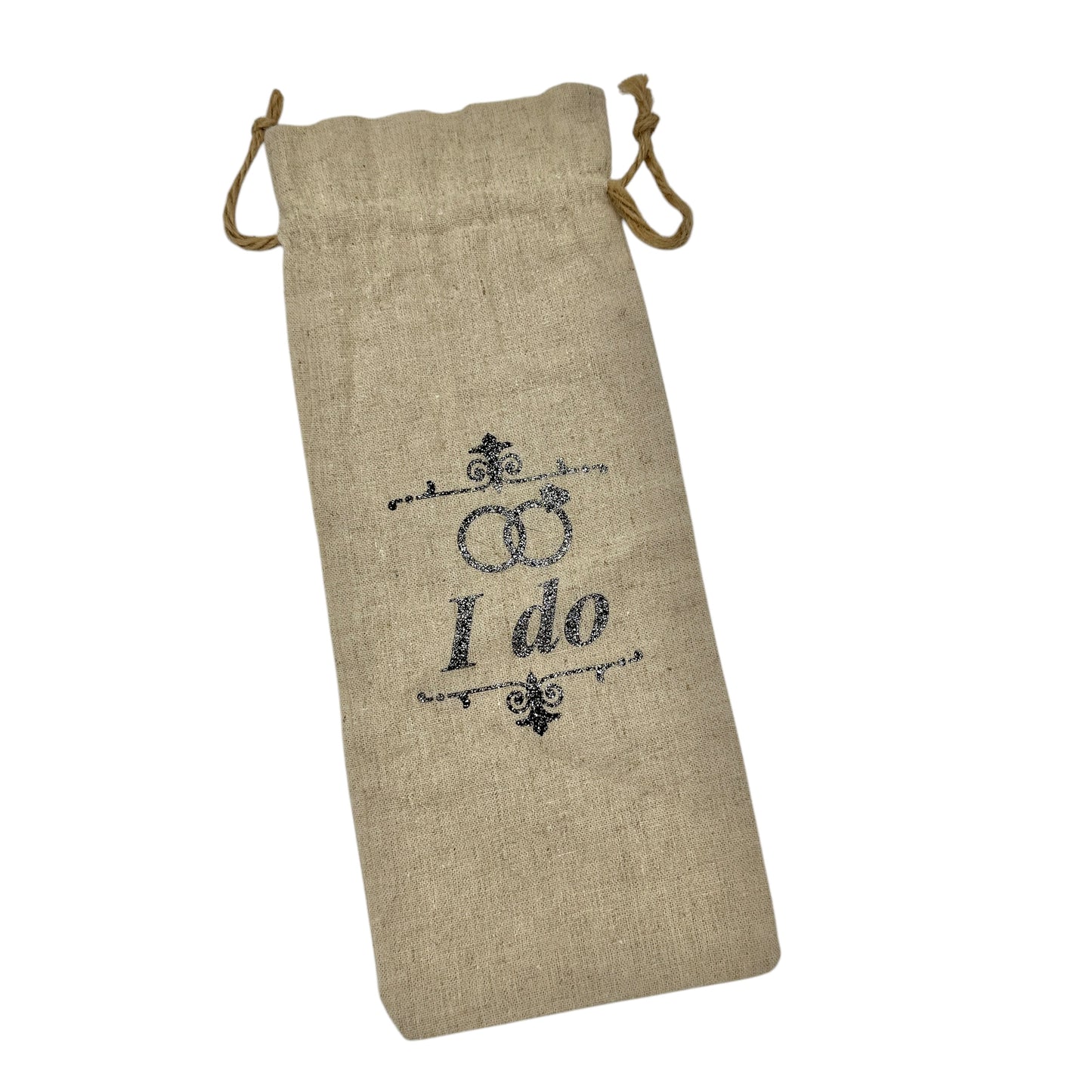 Wedding Canvas Wine Bottle Gift Bag "I Do" in Silver Glitter 14" x 6"