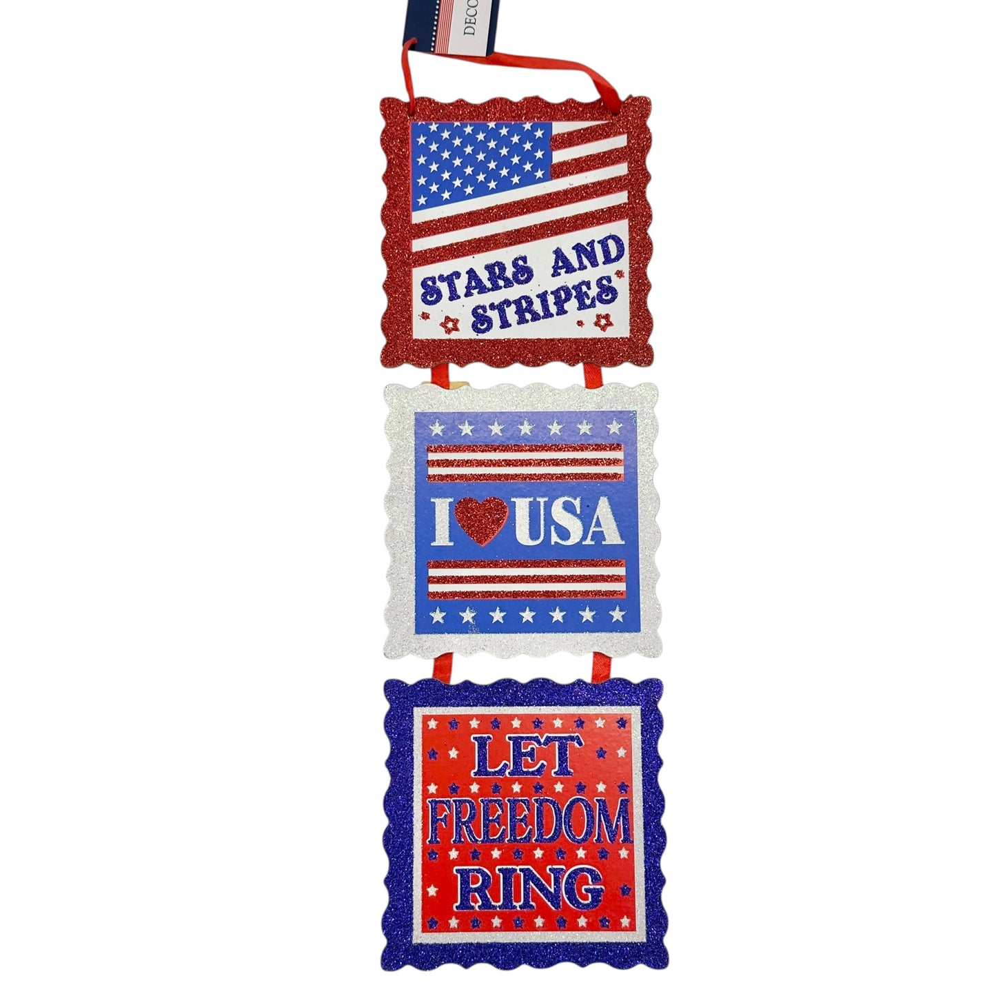 Patriotic 3 Panel Hanging Sign 18 x 6 USA Stars and Stripes Red White Blue