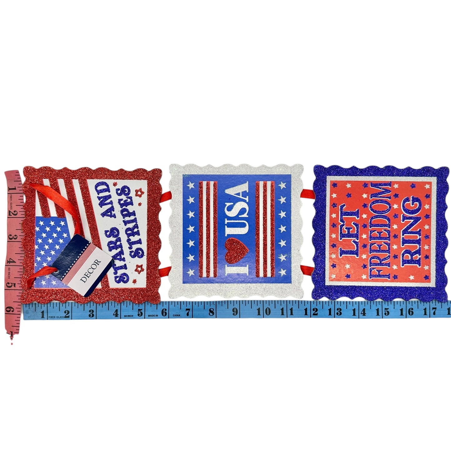 Patriotic 3 Panel Hanging Sign 18 x 6 USA Stars and Stripes Red White Blue