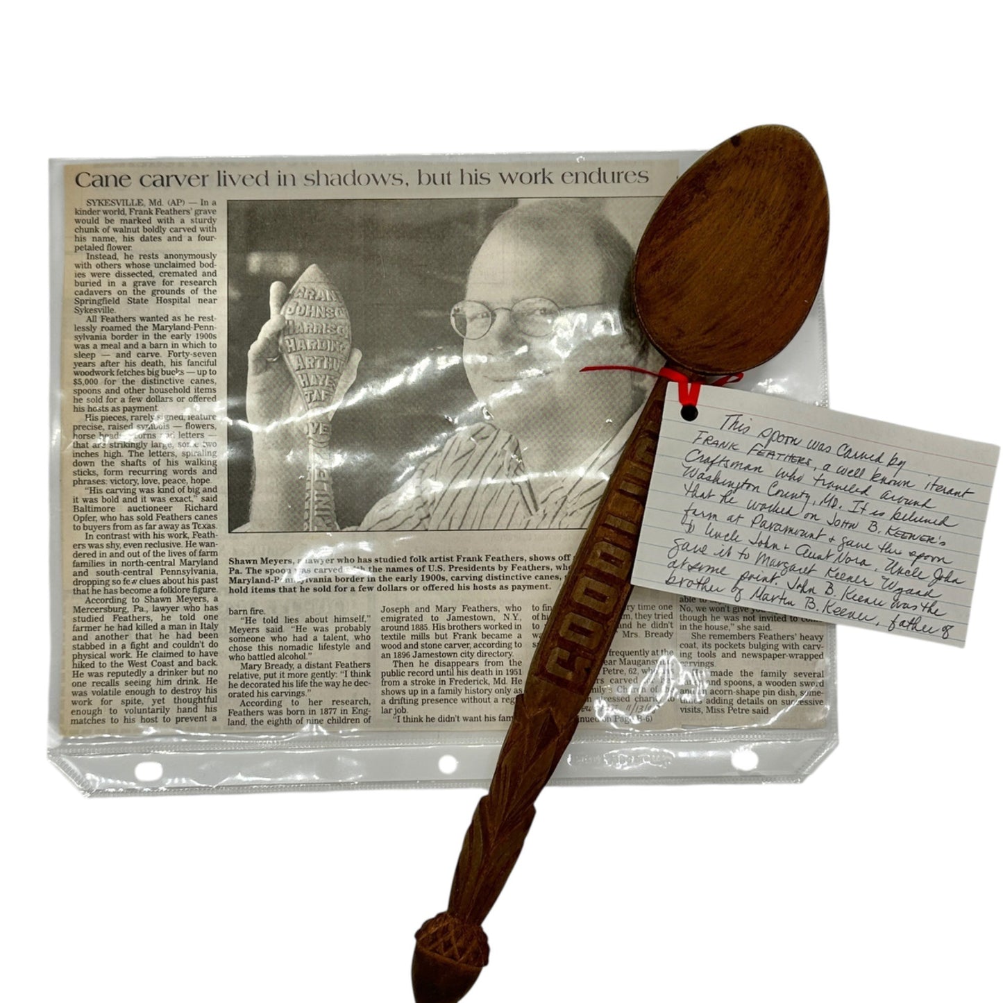 Frank Feathers Hand Carved Wooden Spoon 1934 Provenance Card Washington Cnty MD