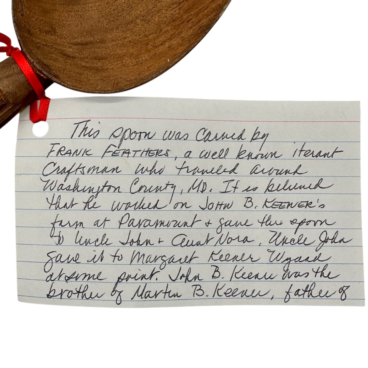 Frank Feathers Hand Carved Wooden Spoon 1934 Provenance Card Washington Cnty MD