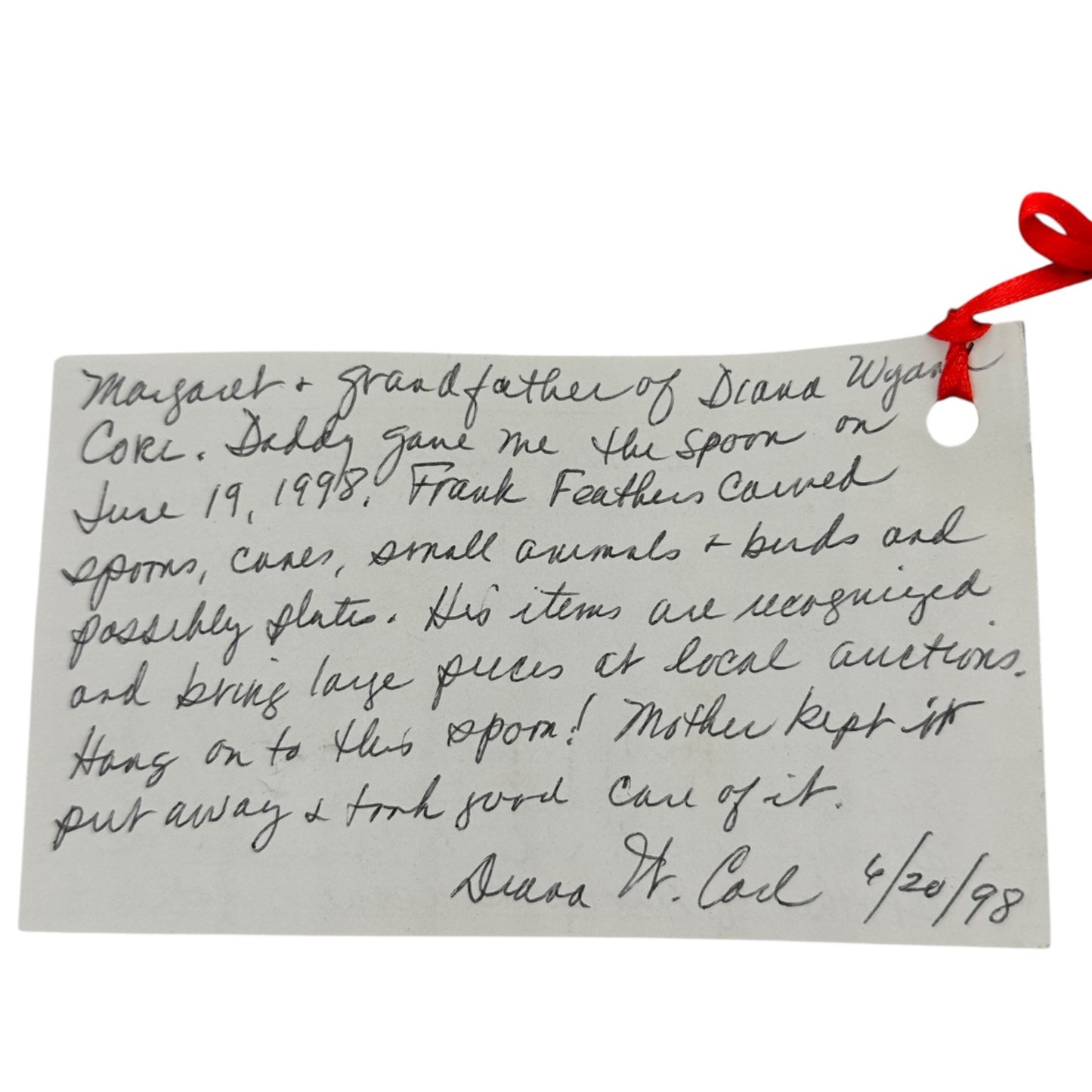 Frank Feathers Hand Carved Wooden Spoon 1934 Provenance Card Washington Cnty MD