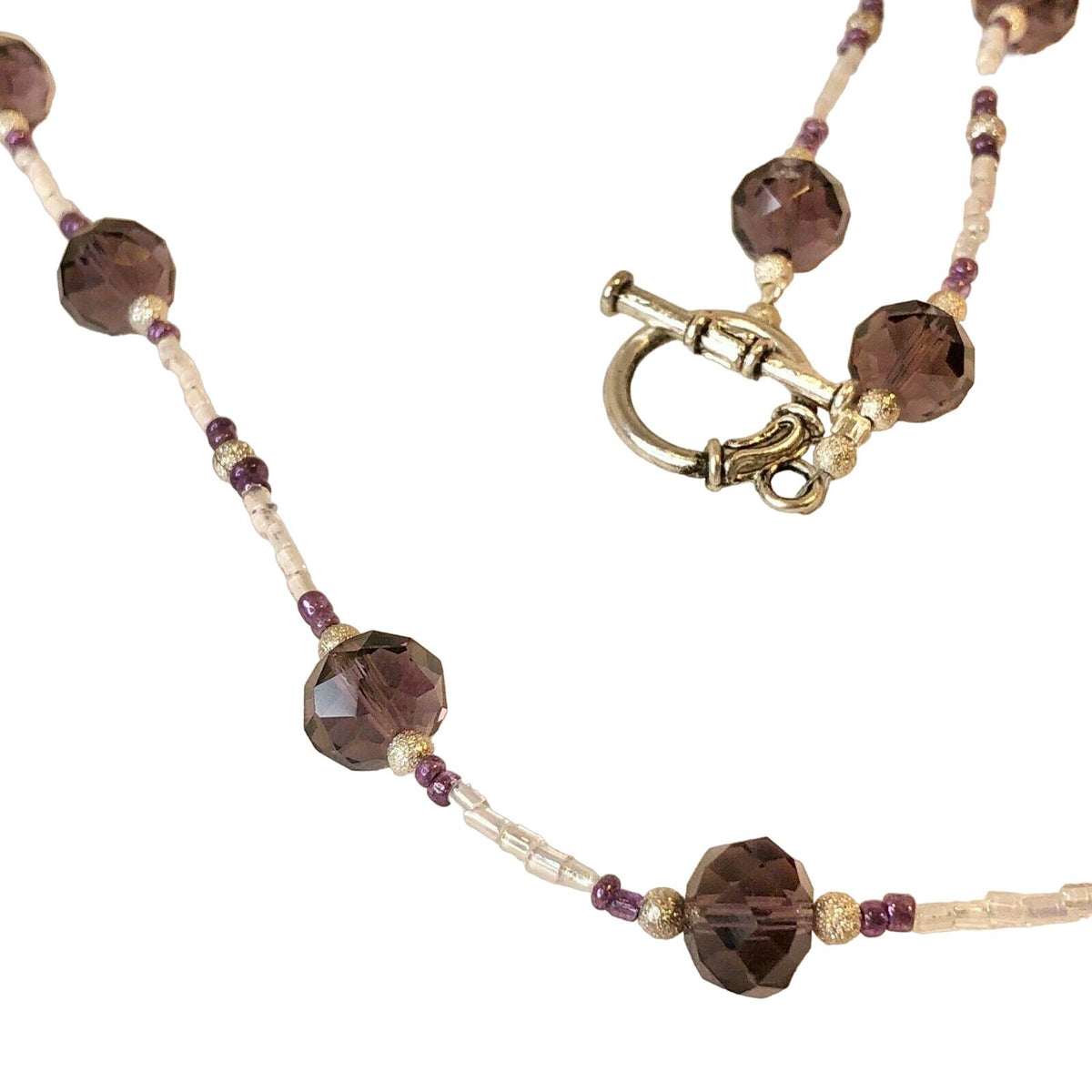 Handmade Boho Jewelry Purple & Crystal Glass Bead Necklace With Toggle Clasp