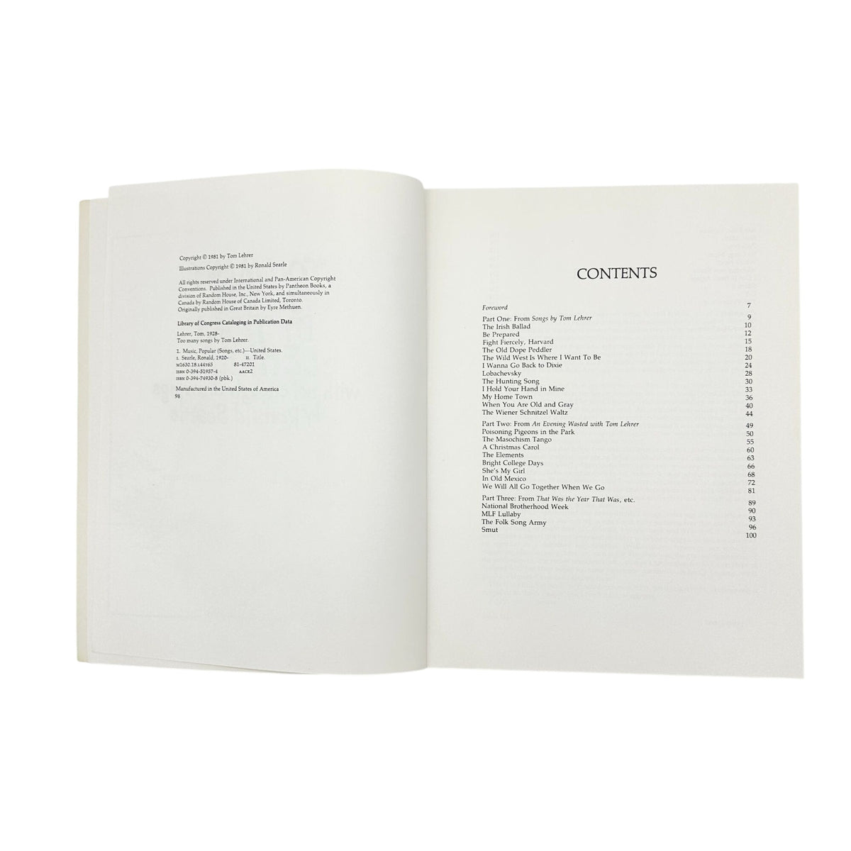 Too Many Songs By Tom Lehrer Lyrics Sheet Music Book Drawings By Ronald Searle
