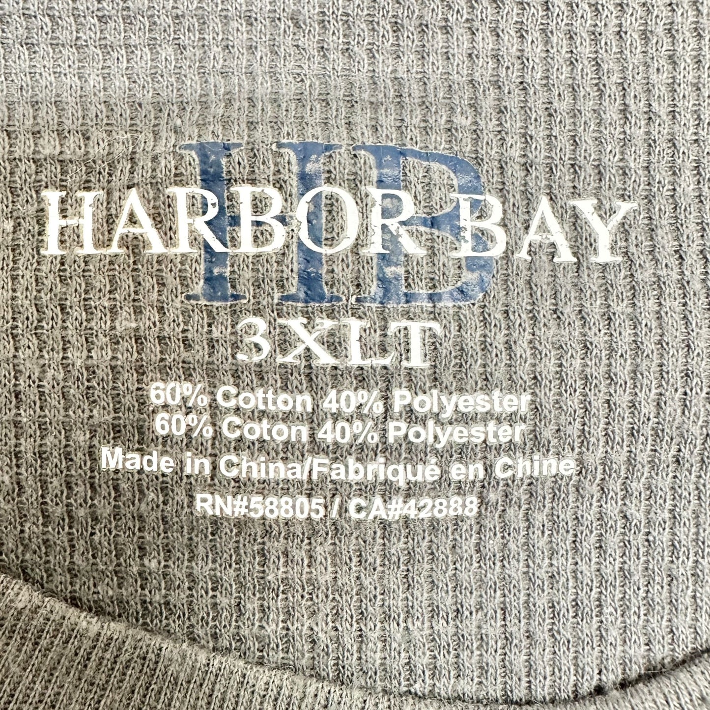 Harbor Bay Thermal Shirt Mens 3XLT Long Sleeve Gray Waffle Weave Cotton Poly