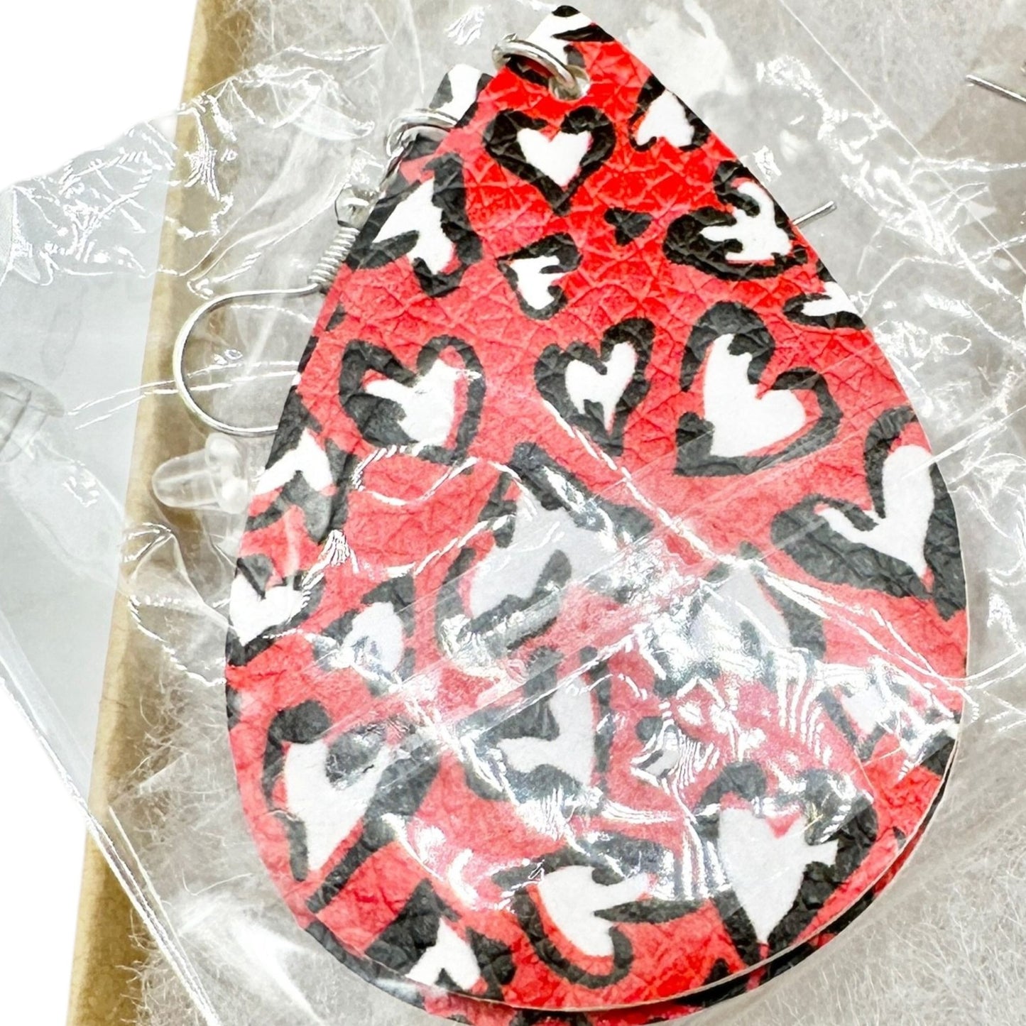 Red Heart Print Faux Leather Teardrop Earrings 3" Lightweight Valentines Day NEW
