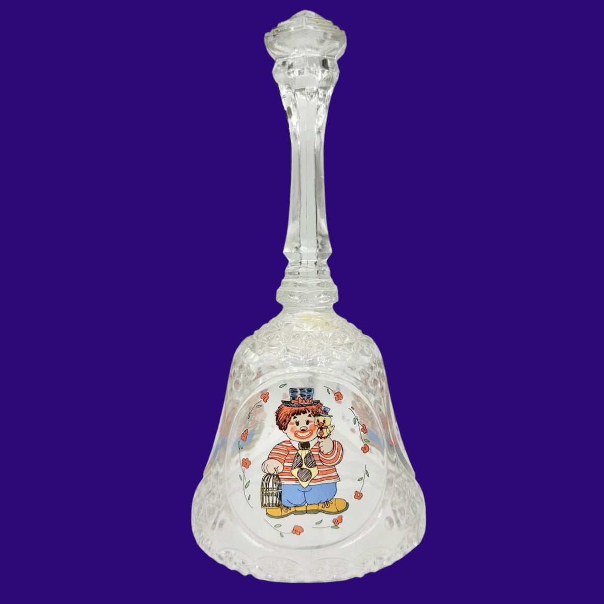 Vintage Crystal Glass Bell Painted Clown Design Floral Details Collectible 8"H