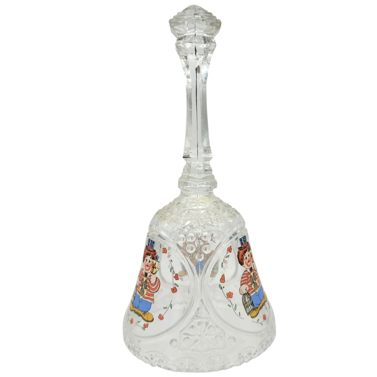 Vintage Crystal Glass Bell Painted Clown Design Floral Details Collectible 8"H