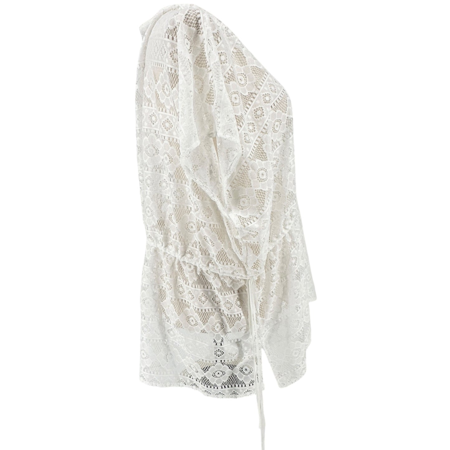 CJ Banks Sheer Crochet Swimsuit Cover-Up One Size White Poly Drawstring Waist