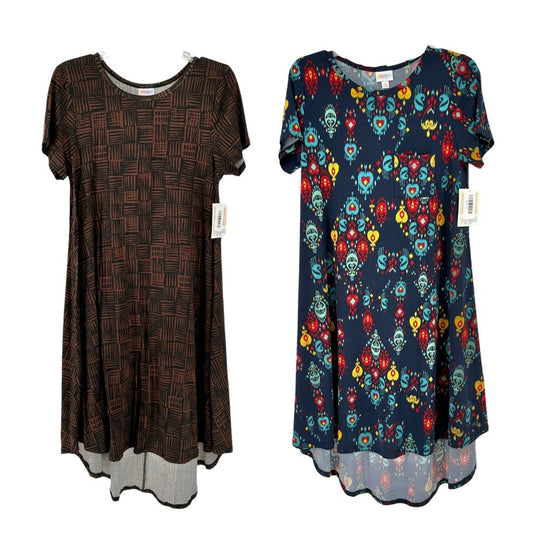 LuLaRoe Retired Carly Bundle of 2 Small Dresses all NWT Multicolors