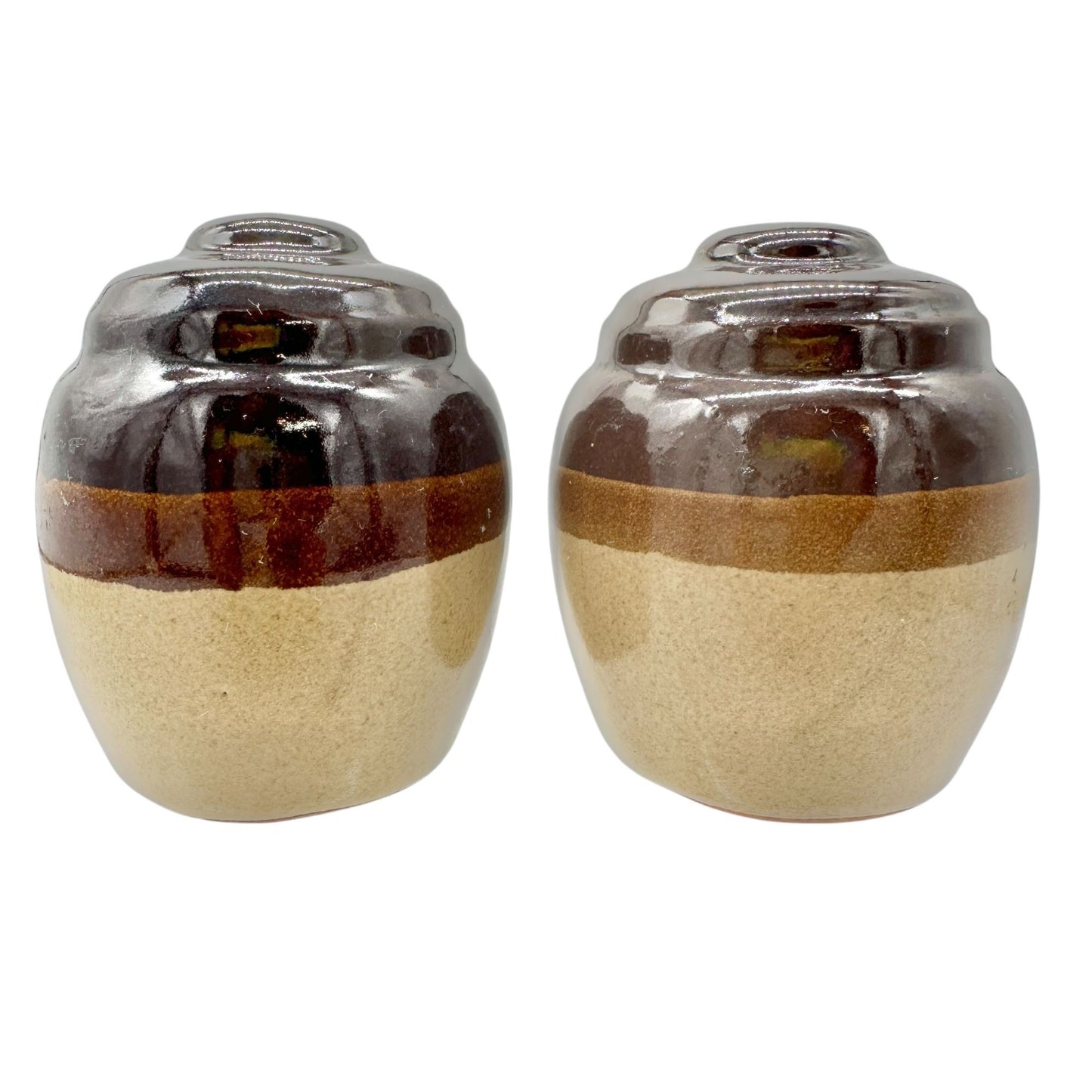 Vintage Clay Jug Salt and Pepper Shakers Brown and Tan Glossy Finish