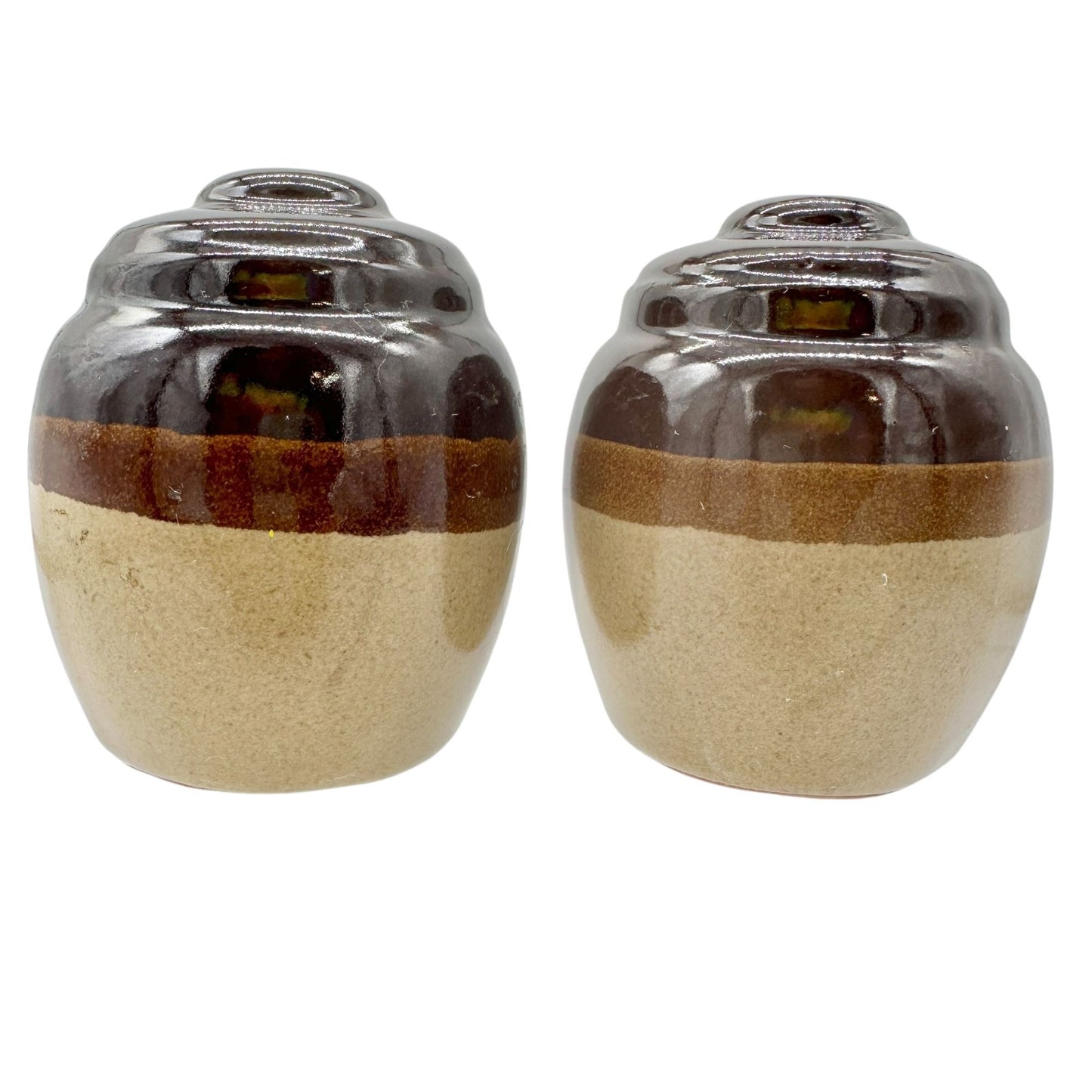 Vintage Clay Jug Salt and Pepper Shakers Brown and Tan Glossy Finish