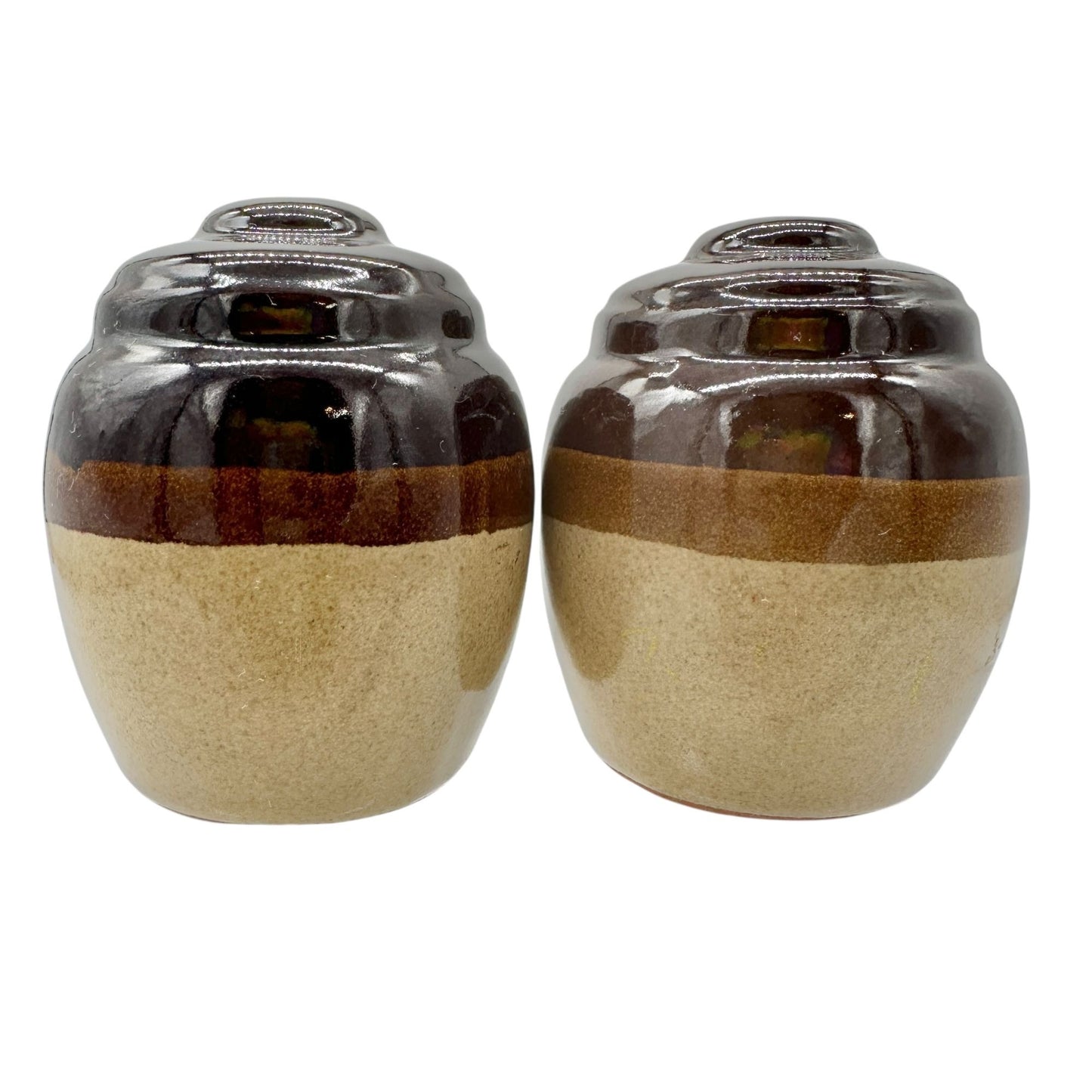 Vintage Clay Jug Salt and Pepper Shakers Brown and Tan Glossy Finish