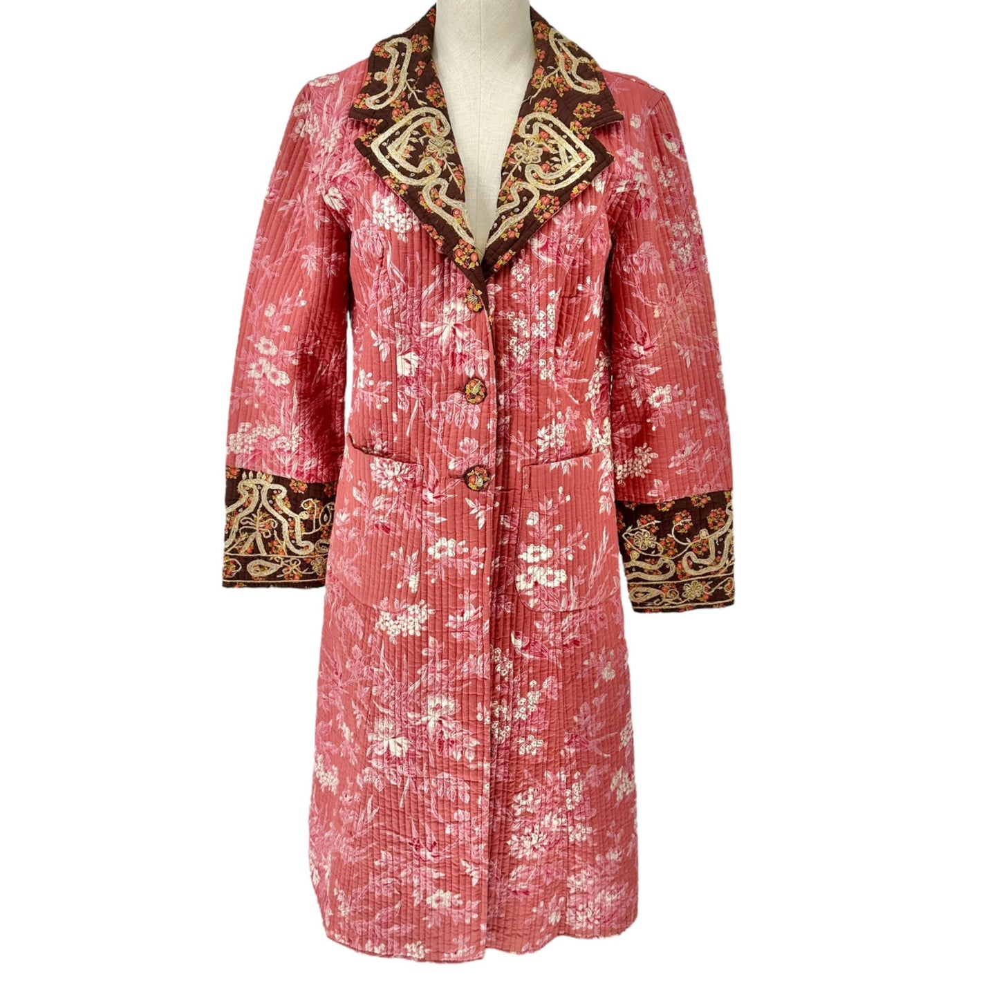 The J. Peterman Quilted Coat Womens Small Floral Embroidered LS Pockets