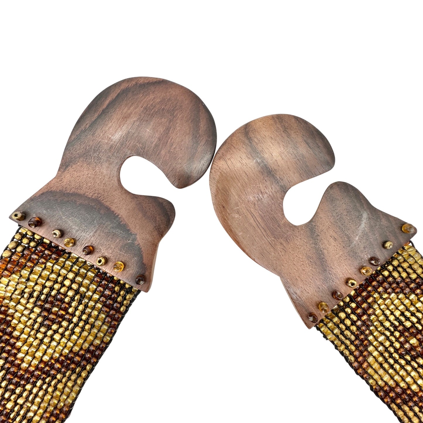 Brown and Gold Beaded Elastic Belt With Wooden Interlocking Buckle 31 Inch Long