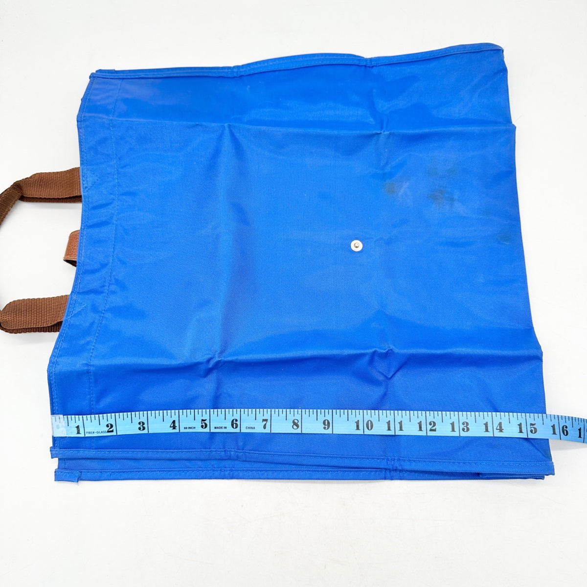 Foldable Canvas Tote Bag In Blue With Brown Handles 15.5 x 15.5 Handy for Travel