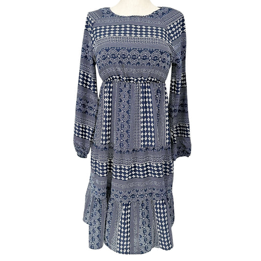 Emery Rose Dress Womens L Bohemian Navy and White Floral Print Long Sleeve