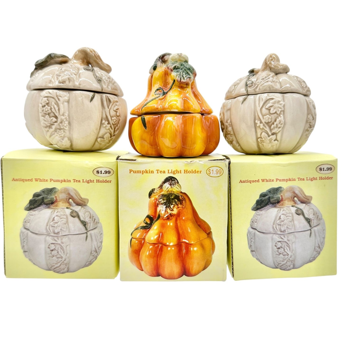 Cracker Barrel Pumpkin Patch Set of 3 Ceramic Tea Light Holders Orange White