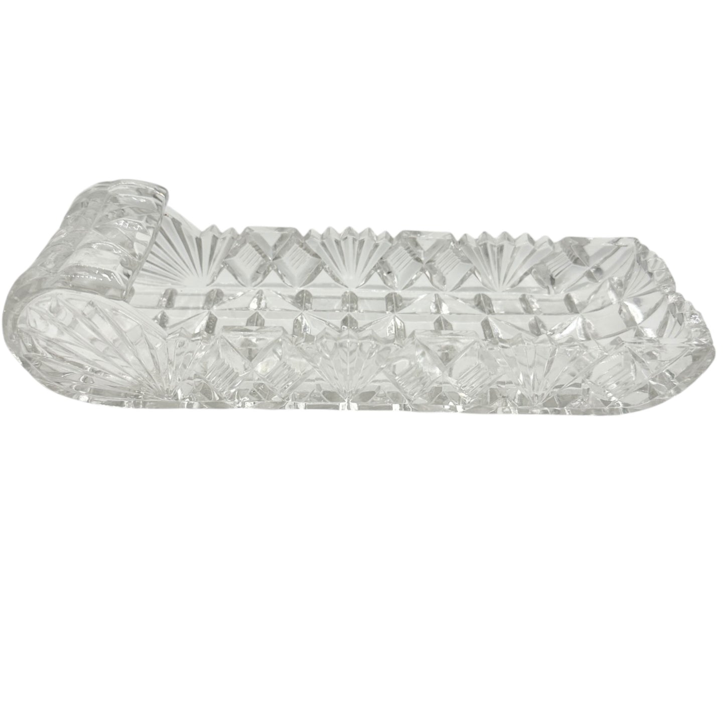Vintage Cut Glass Rectangular Serving Tray 8 x 3 Diamond Pattern Rolled Edges