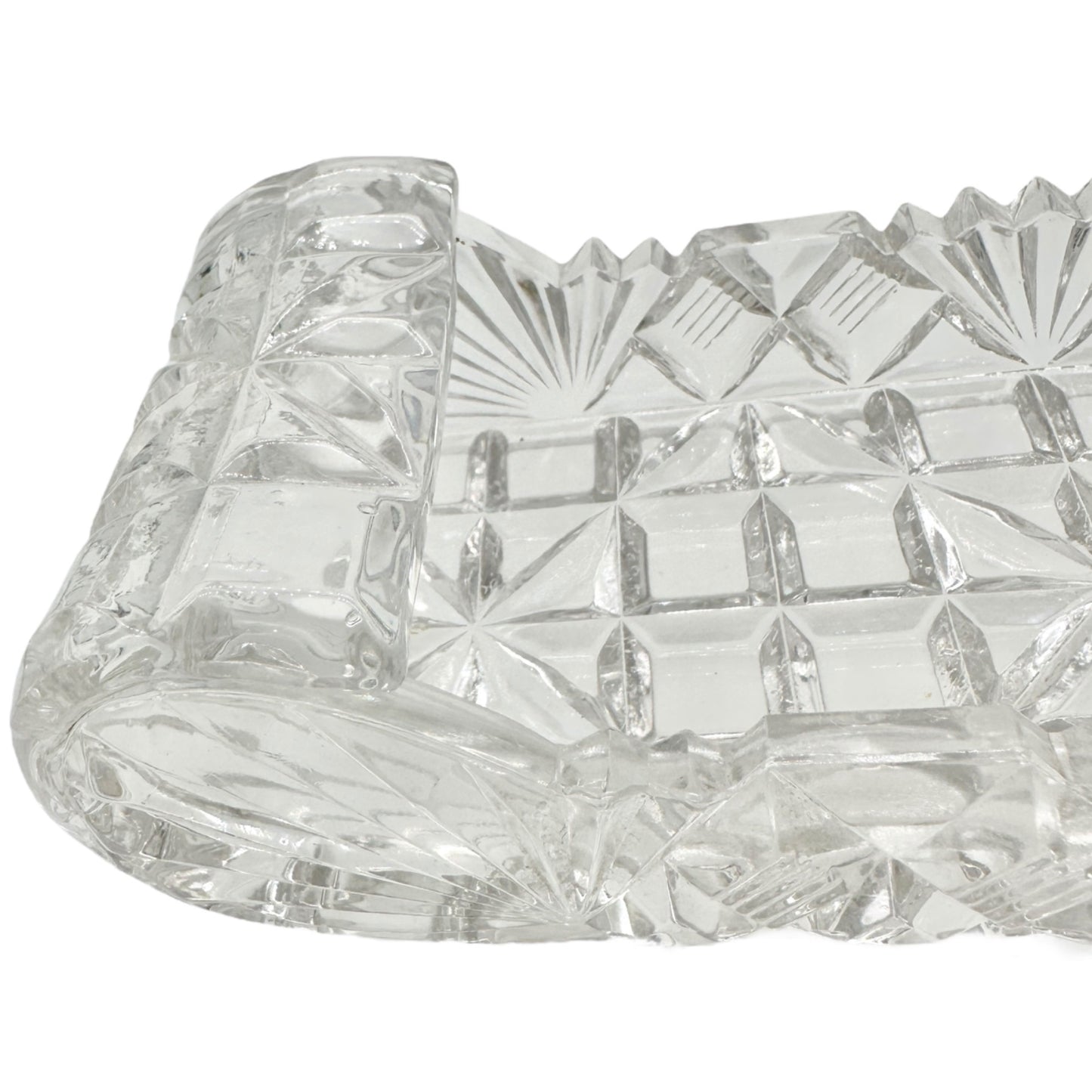 Vintage Cut Glass Rectangular Serving Tray 8 x 3 Diamond Pattern Rolled Edges