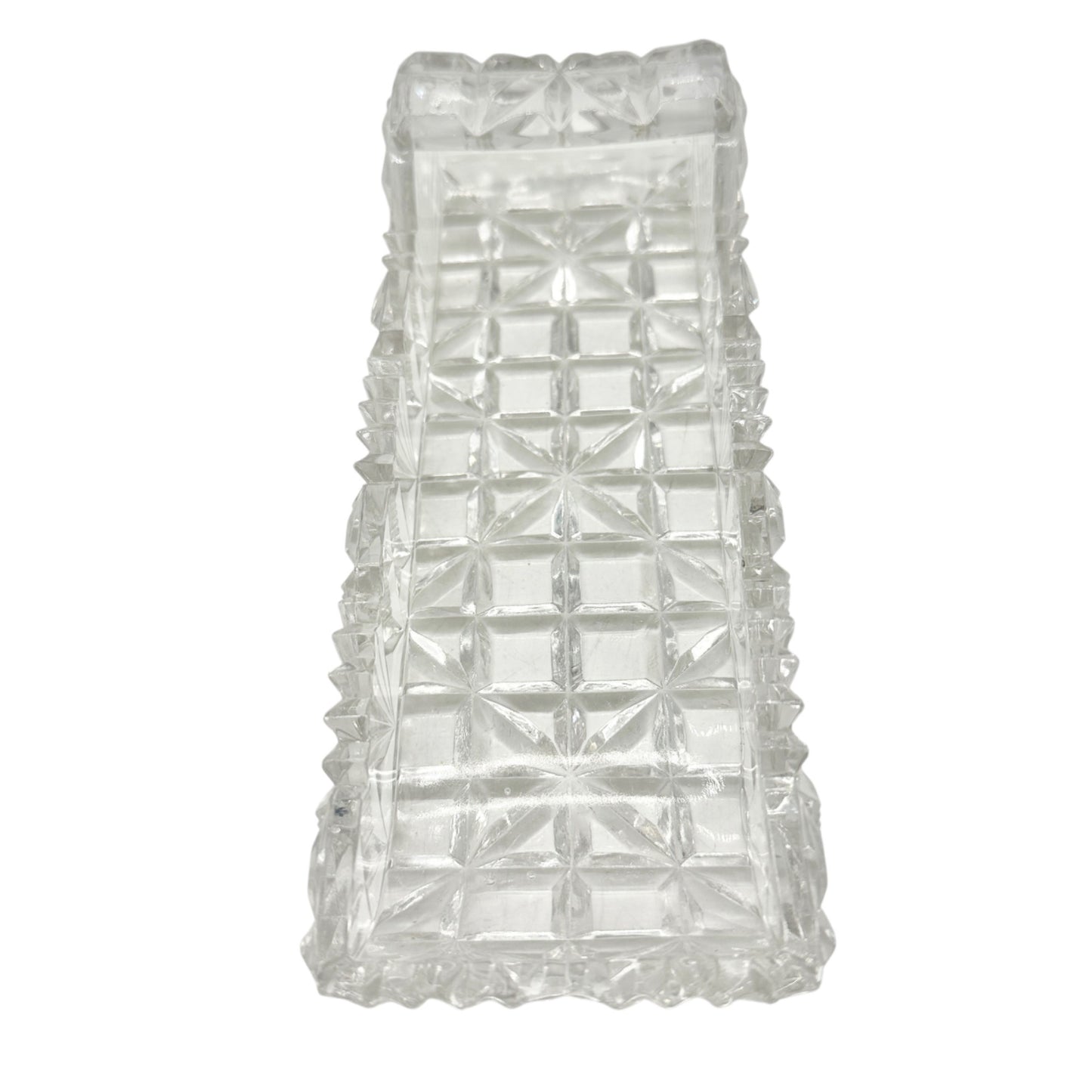 Vintage Cut Glass Rectangular Serving Tray 8 x 3 Diamond Pattern Rolled Edges