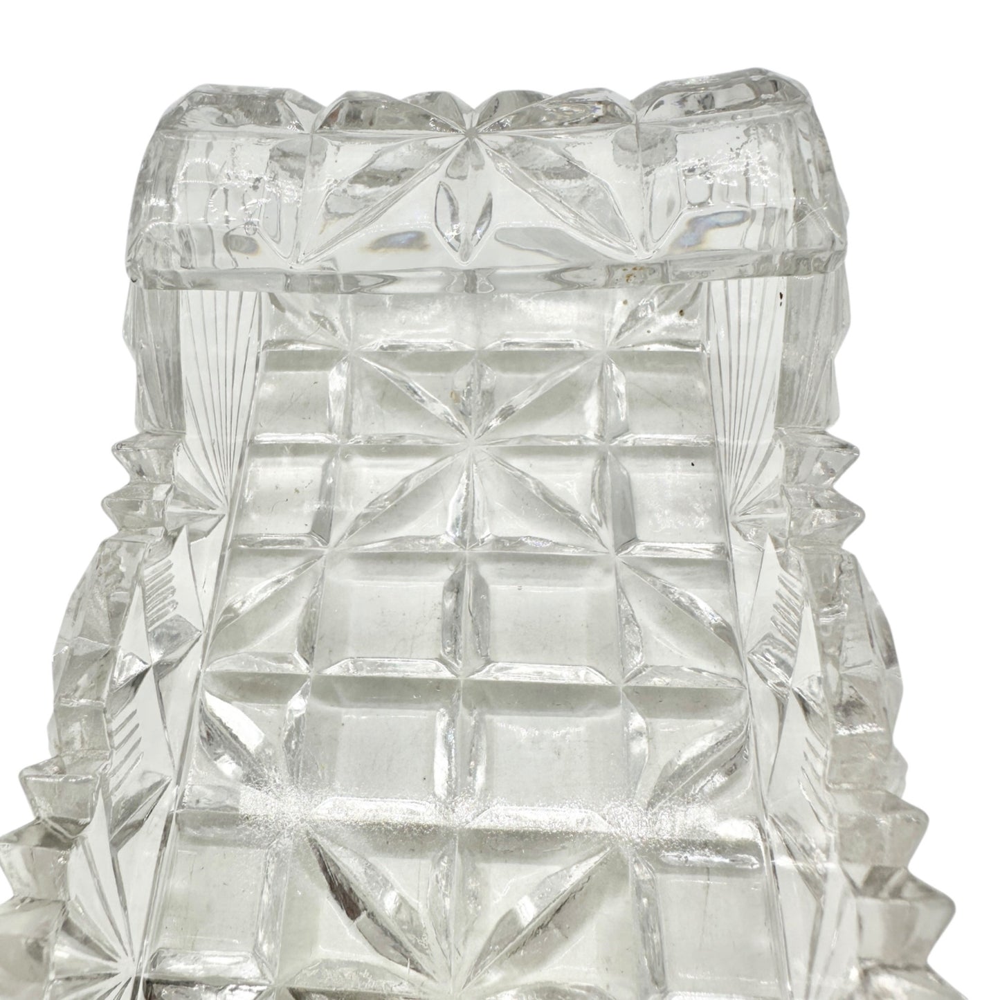 Vintage Cut Glass Rectangular Serving Tray 8 x 3 Diamond Pattern Rolled Edges