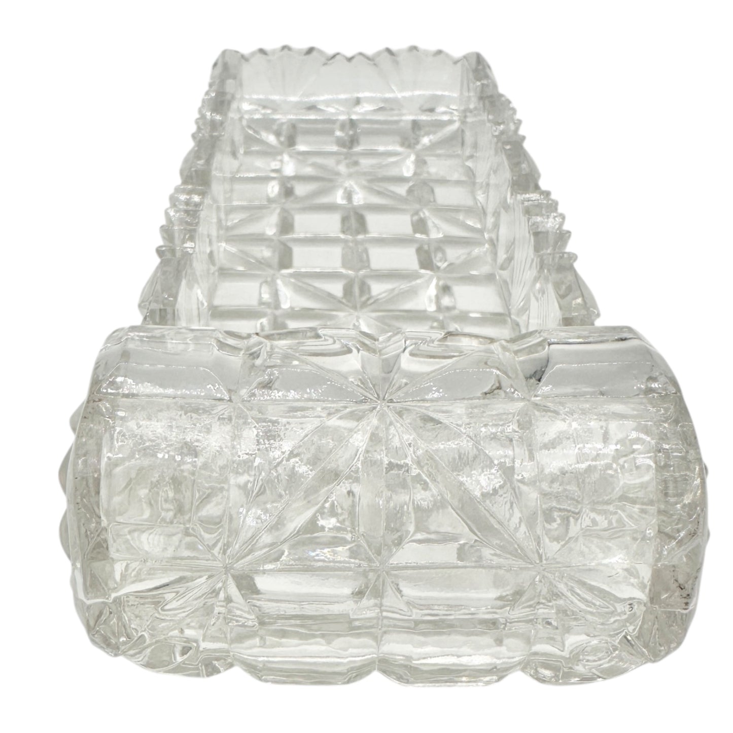 Vintage Cut Glass Rectangular Serving Tray 8 x 3 Diamond Pattern Rolled Edges