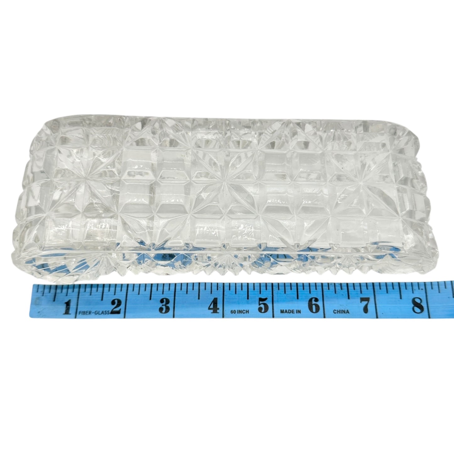 Vintage Cut Glass Rectangular Serving Tray 8 x 3 Diamond Pattern Rolled Edges