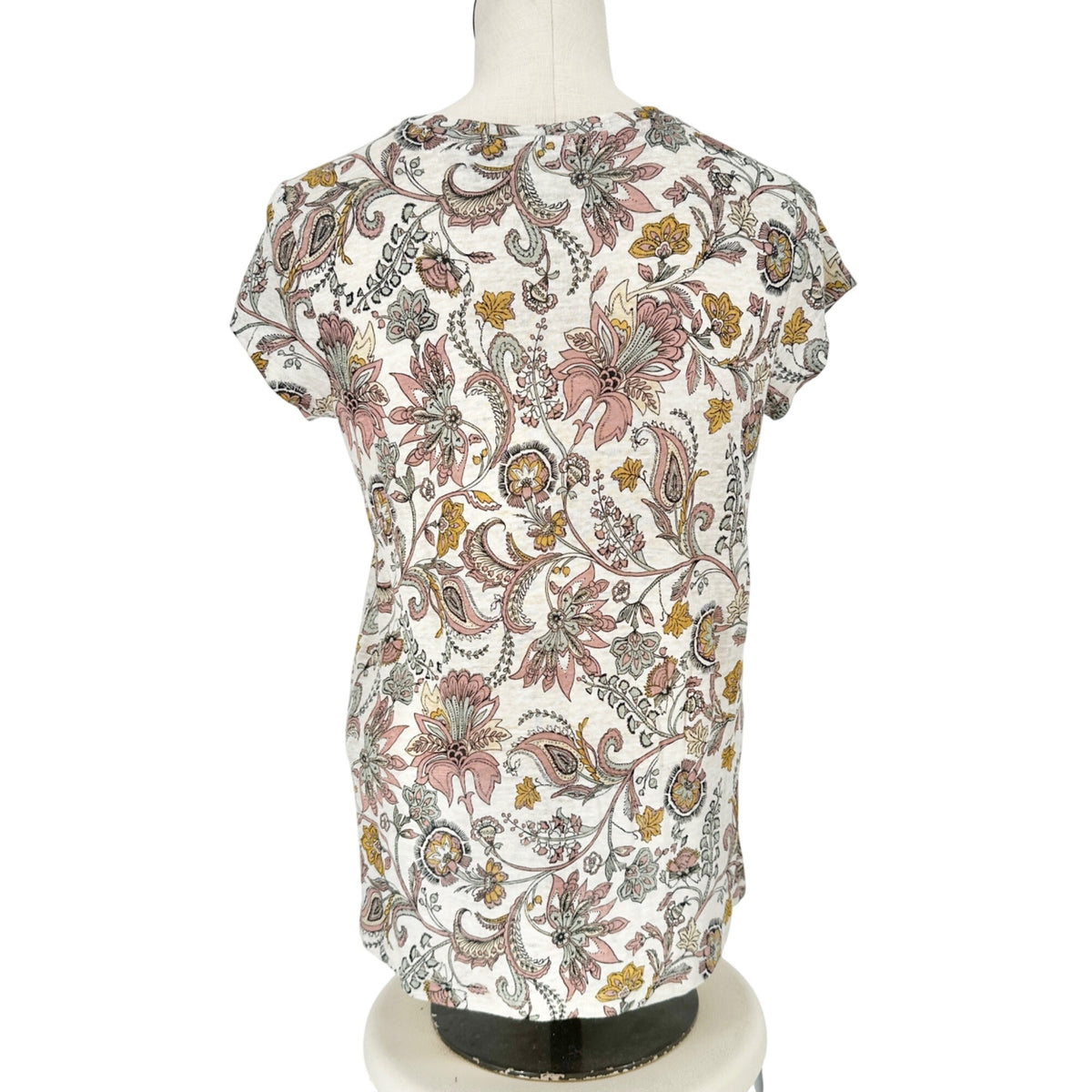 Rachel Zoe Top Womens Small Tan Mauve Floral Linen VNeck Short Sleeve Hi Low Hem