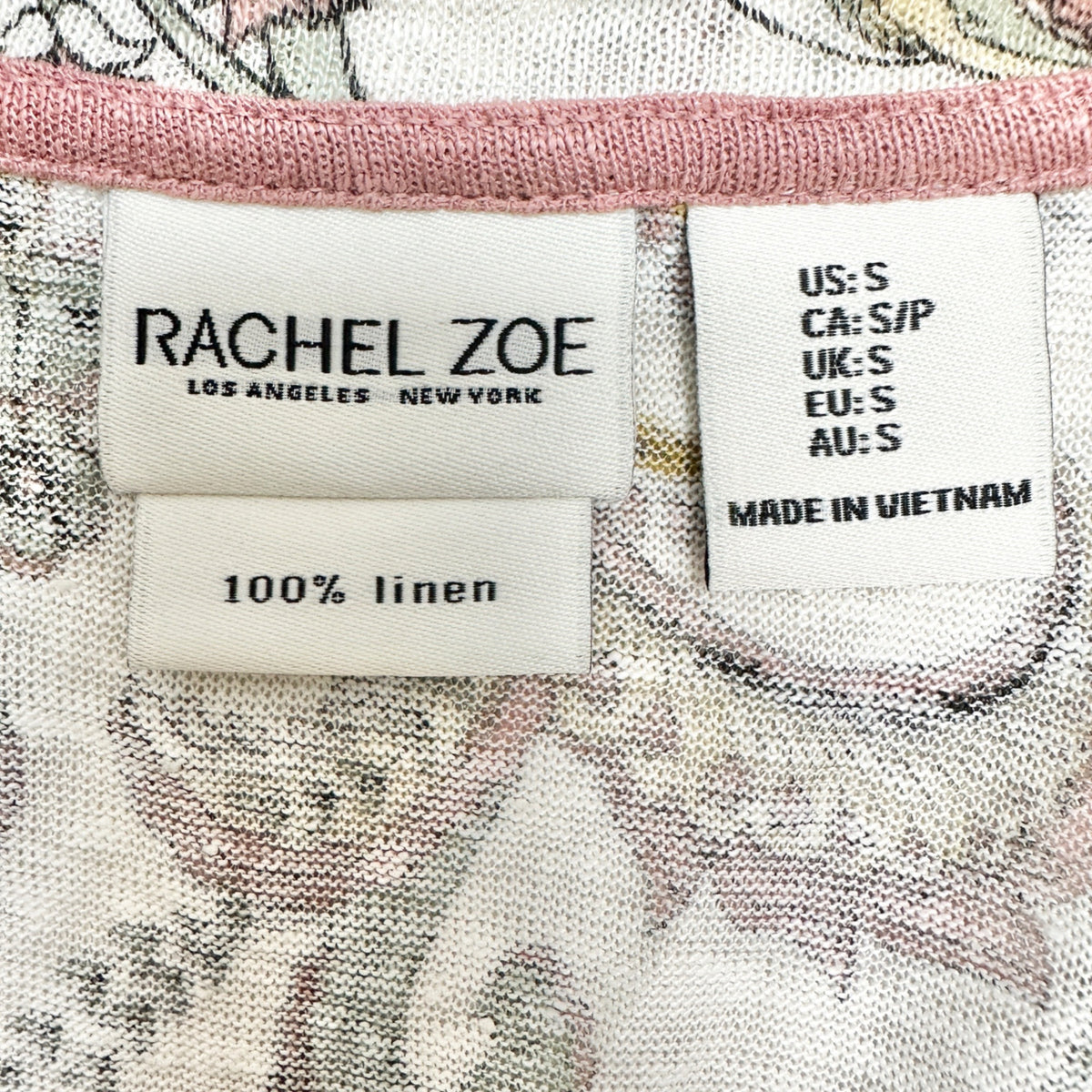Rachel Zoe Top Womens Small Tan Mauve Floral Linen VNeck Short Sleeve Hi Low Hem