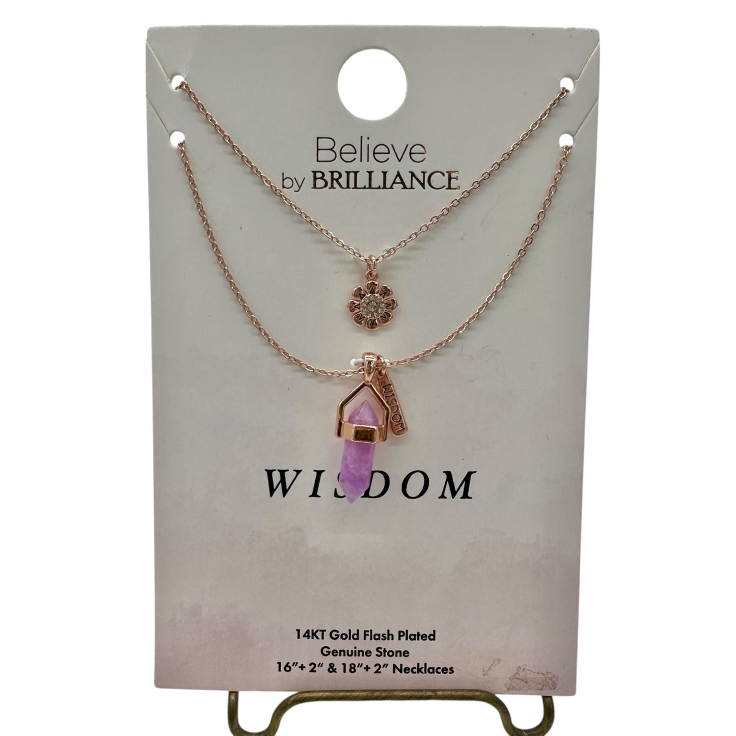 14KT Gold Flash Plated Layered Necklace Set Amethyst Crystal Flower Pendant