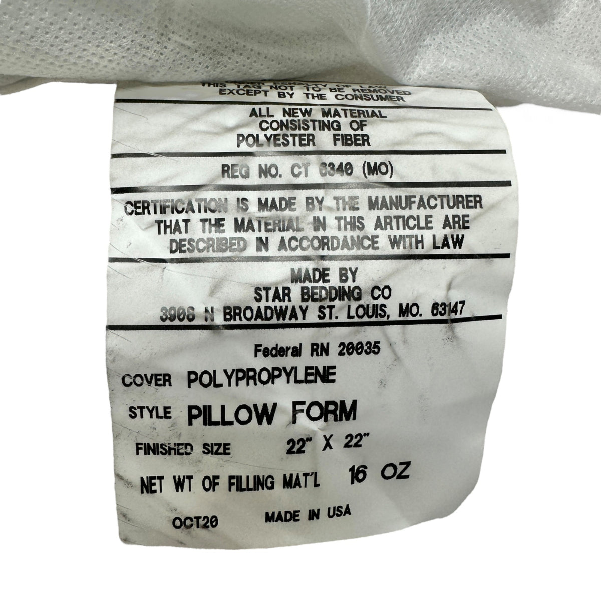 Pillow Form 22 X 22 Square Polyester Fiber Insert By Star Bedding Co.