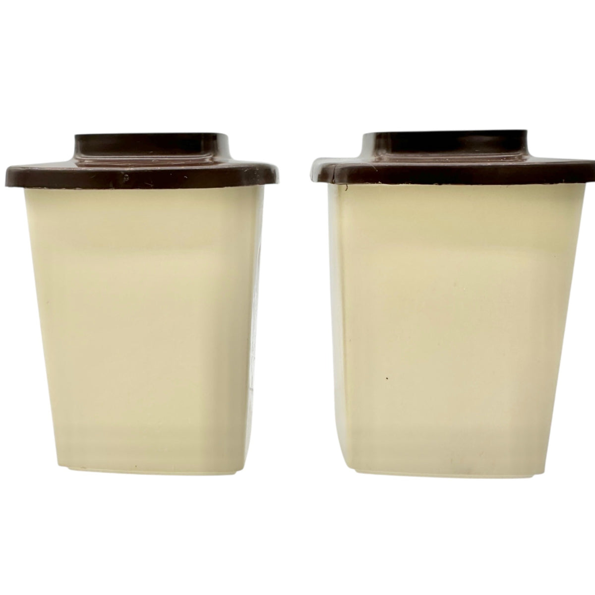 Vtg Plastic Salt and Pepper Shakers Fruit Design Brown Lids Mid-Century Decor 4"